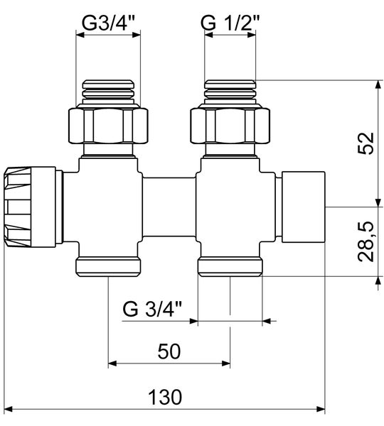Technische Zeichnung einer Anschlussarmatur mit 130 Millimeter Breite, 50 Millimeter Achsabstand und Anschlüssen G 3/4 Zoll sowie G 1/2 Zoll.