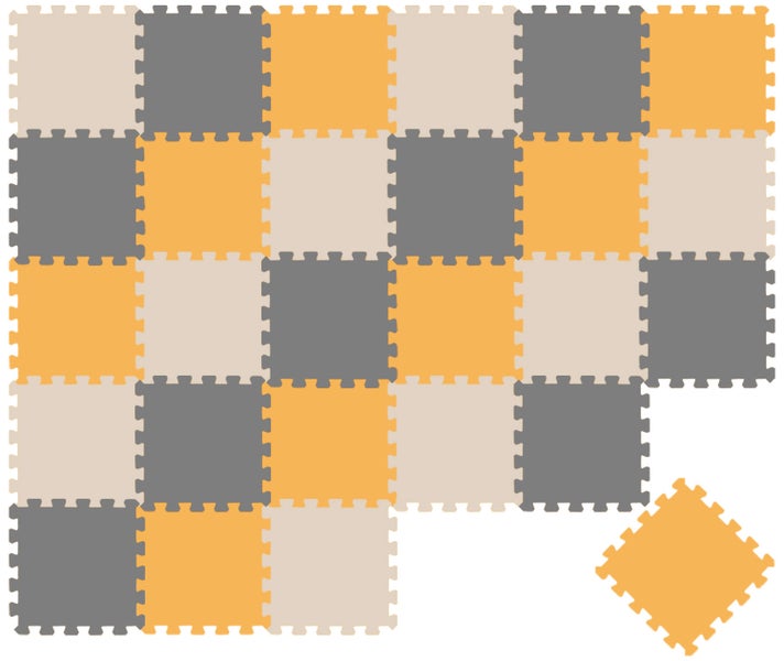 Quadratische Puzzlematten aus Schaumstoff in Beige, Grau und Orange, ineinandersteckbare Spielmatten für den Boden.