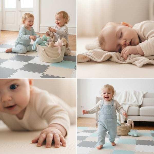 Collage mit Babys und Kleinkindern auf einer weichen Schaumstoff-Spielmatte mit Schachbrettmuster zum Spielen und Schlafen.
