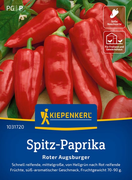 Saatgut für Spitzpaprika Roter Augsburger von Kiepenkerl, eine schnell reifende, süße Naschsorte für Freiland und Gewächshaus.