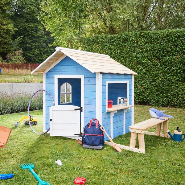Home Deluxe - Spielhaus - DER GROßE PALAST blau - 166 x 138 x 132 cm - mit Bank - FSC zertifiziertes Kinderspielhaus, inkl. Montagematerial I Gartenhaus Holzhaus Kinderhaus