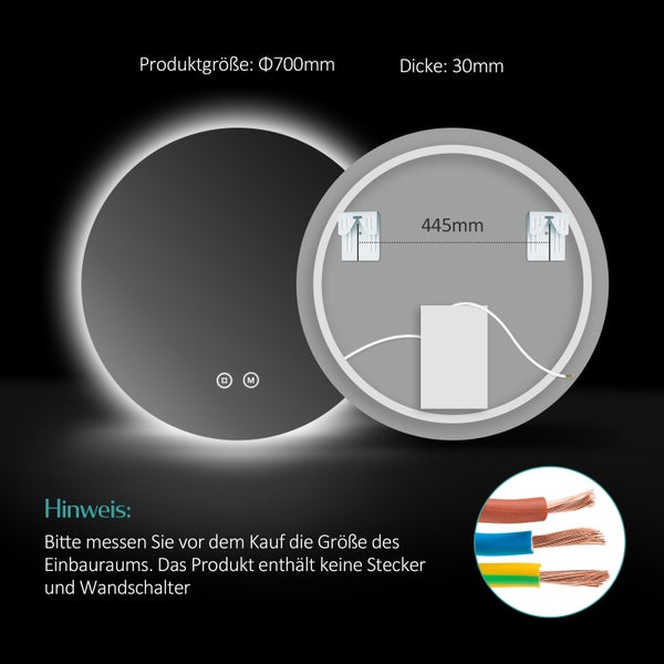 EMKE Badspiegel mit Beleuchtung ф70cm, LED-Spiegel mit Touchschalter, rund, Anti-Beschlag, Kaltweiß
