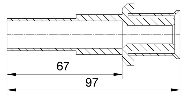 Technische Zeichnung eines Rohrverbinders im Querschnitt mit Längenangaben von 67 und 97 millimetern.