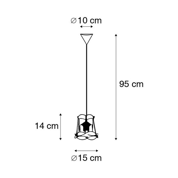 Abmessungen der Hängeleuchte, 95 Zentimeter hoch, Durchmesser oben 10 Zentimeter, Durchmesser unten 15 Zentimeter, Höhe des Lampenschirms 14 Zentimeter