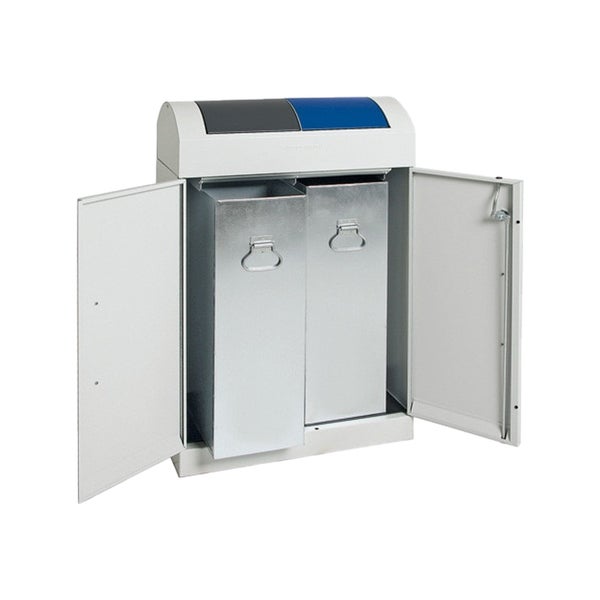 Mülltrennsystem mit zwei Behältern in einem offenen Schrank