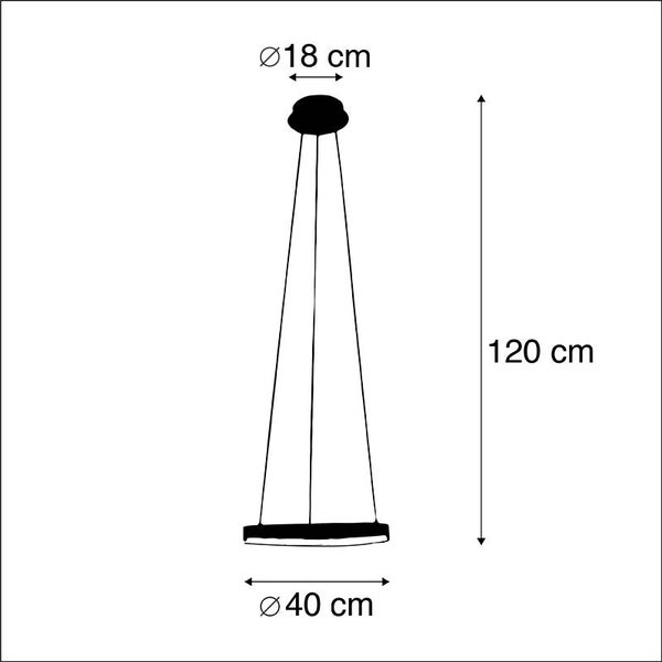 Technische Zeichnung einer Pendelleuchte mit den Maßen 120 cm Höhe, 18 cm Durchmesser oben und 40 cm Durchmesser unten.