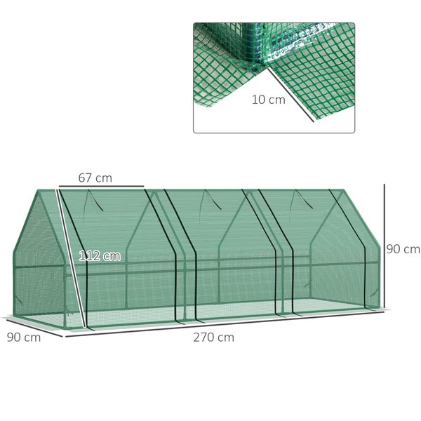 Detailansicht eines Gewächshauses mit pulverbeschichtetem Stahlrahmen, transparenter Folienabdeckung und verlängertem Folienrand zur Befestigung im Boden.