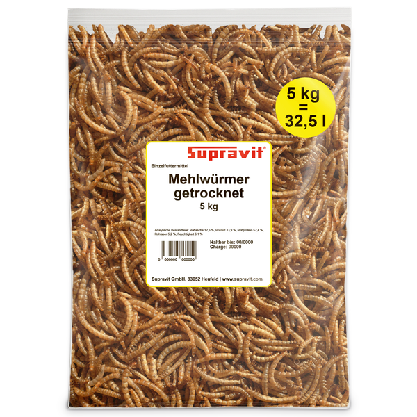Supravit Logo. Getrocknete Mehlwürmer im 5 Kilogramm Beutel, entspricht 32,5 Litern, Einzelfuttermittel für Wildvögel.