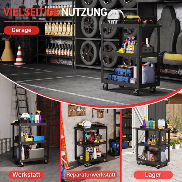 Rollwagen mit drei Ablagefächern zur vielseitigen Nutzung in Garage, Werkstatt, Reparaturwerkstatt und Lager.