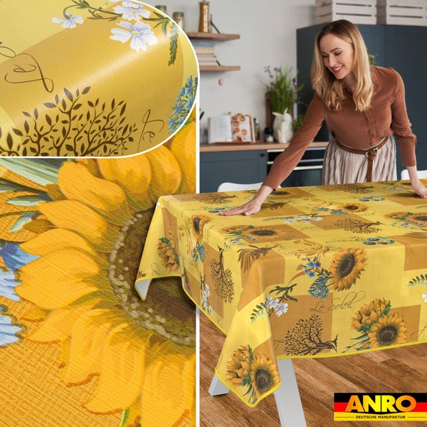 Abwaschbare Tischdecke mit Sonnenblumen-Motiv in einer hellen Küche, Detail der Oberflächenstruktur und ANRO Logo.