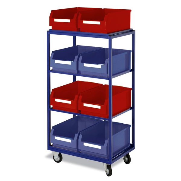 Rollwagen mit vier Ablagen und roten sowie blauen Lagerboxen