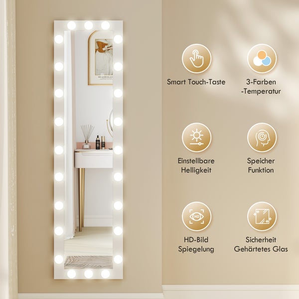 Ganzkörperspiegel mit LED, Touch-Steuerung, drei Farbtemperaturen, einstellbarer Helligkeit, Speicherfunktion und gehärtetem Sicherheitsglas.