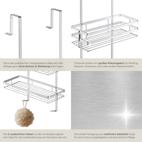 Duschregal aus Edelstahl mit drei Ablageflächen zum Einhängen