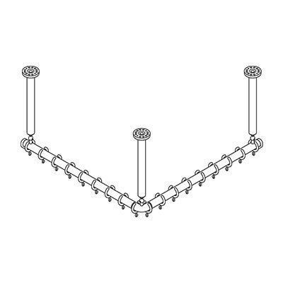 Technische Zeichnung einer L-förmigen Duschvorhangstange mit drei Deckenhalterungen und Vorhangringen.
