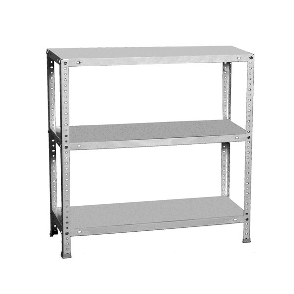 Metallregal in einer hellen Werkstatt neben einer Werkbank aus Holz und einem schwarzen Werkstattwagen, bestückt mit diversen Aufbewahrungsboxen.