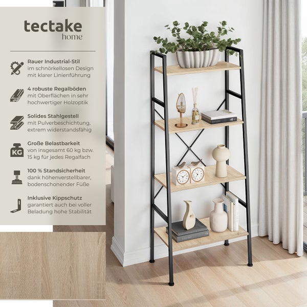 Leiterregal tectake Liverpool inklusive Kippschutz, 61,5 x 36,5 x 150 cm Industrial Style Industrial Holz hell, Eiche Sonoma