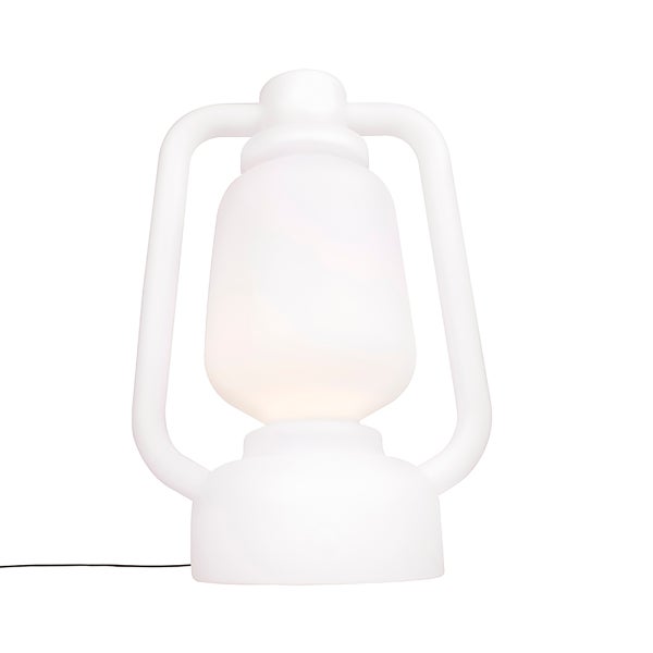 Moderne Tischleuchte in Laternenform aus weißem Kunststoff.
