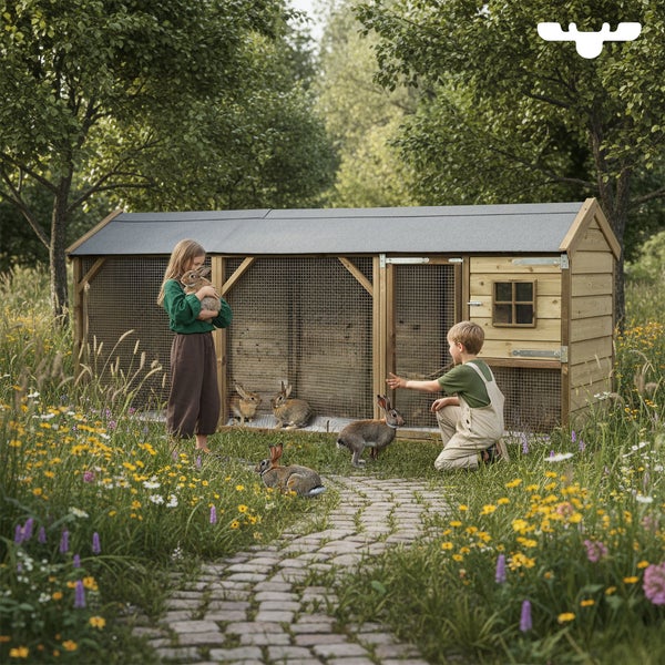 Großer Kaninchenstall aus Holz mit mehreren Kaninchen im Garten