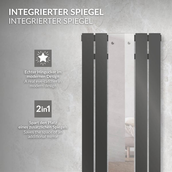 LuxeBath Badheizkörper Flach 1600x450 mm Anthrazit mit Spiegel, Design Paneelheizkörper Mittelanschluss Heizung, Flachheizkörper Vertikal Einlagig, Spiegelheizkörper Glasheizkörper, inkl. Montage-Set