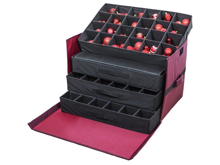 Aufbewahrungsbox für Weihnachtsbaumkugeln mit mehreren Fächern und herausnehmbaren Einsätzen zur organisierten Lagerung von Christbaumschmuck