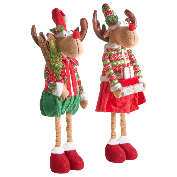Zwei weihnachtliche Dekofiguren in Form von Rentieren mit Geschenk und Skiern