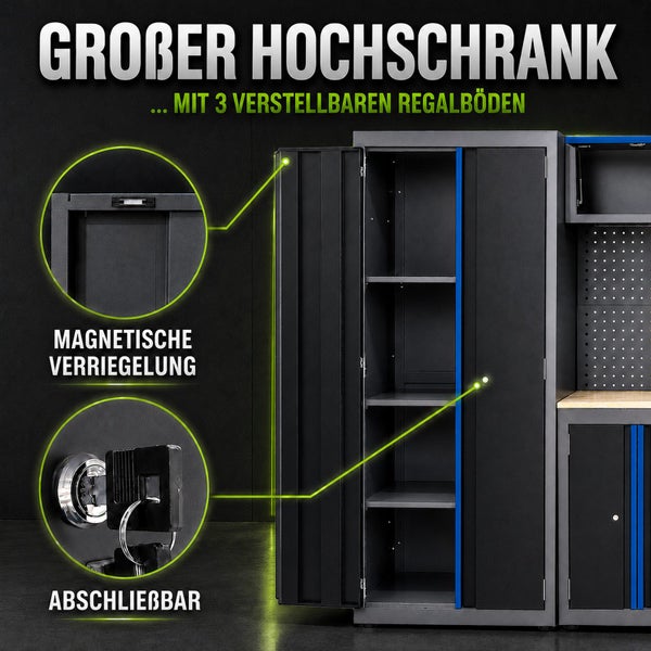 Großer Werkstatthochschrank mit drei verstellbaren Regalböden, magnetischer Verriegelung und abschließbarer Tür.