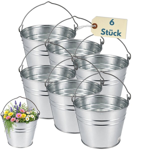 Sechs Zink Blumentöpfe mit Henkel