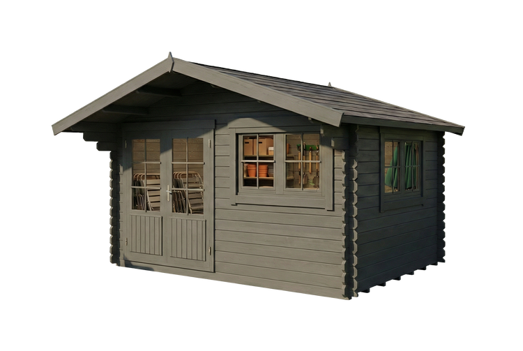 Gartenhaus aus Holz mit Satteldach, Doppeltür mit Glaseinsätzen und Sprossenfenstern.