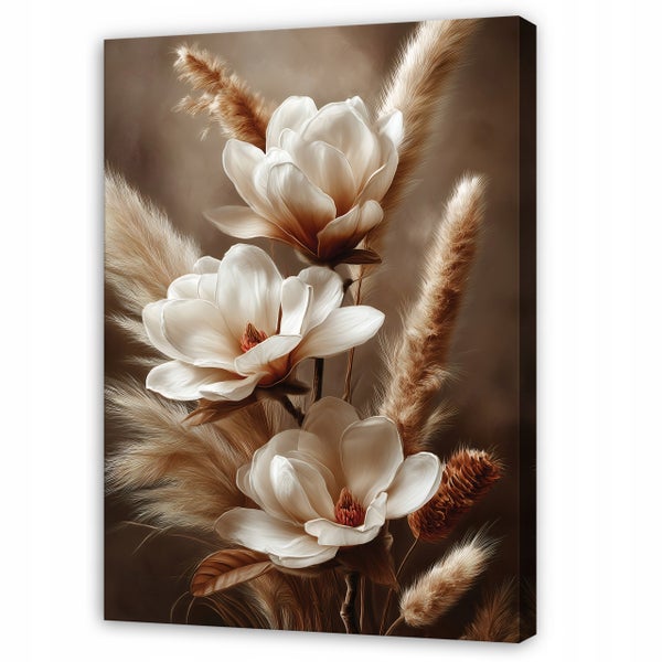 Wandbild mit Magnolienblüten und Ziergras auf einer Leinwand im Hochformat