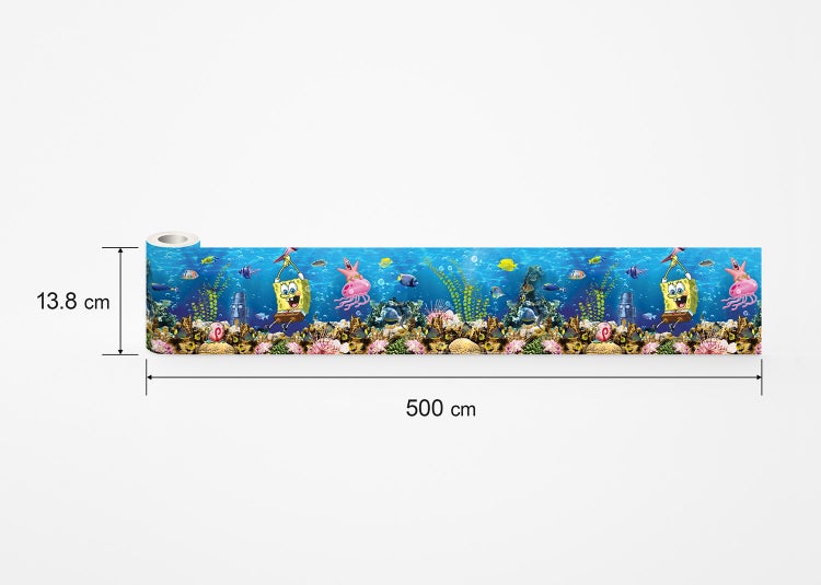 Tapetenbordüre mit SpongeBob Schwammkopf Unterwassermotiv, Maße 13,8 Zentimeter Höhe und 500 Zentimeter Länge.