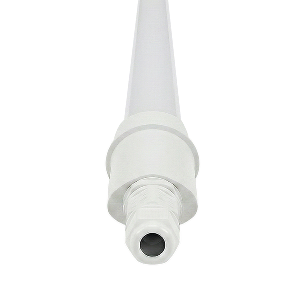 LED-Feuchtraumleuchte in Weiß mit Kabelverschraubung an der Endkappe.