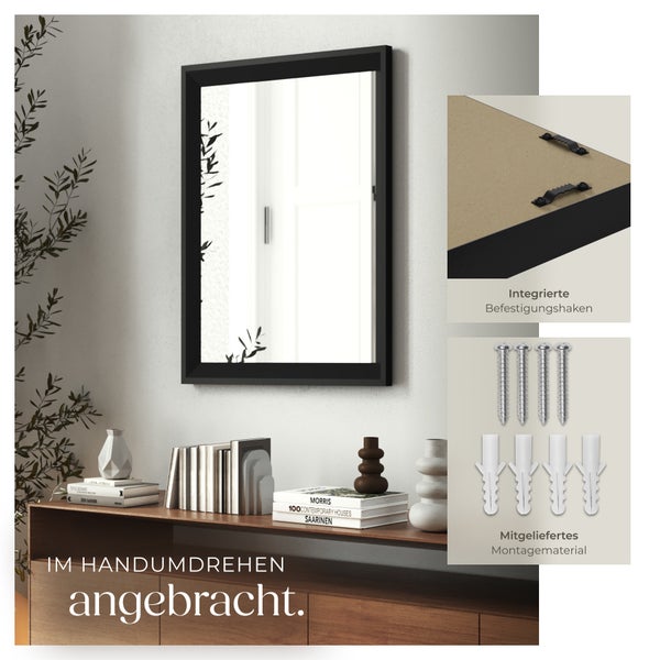 Rechteckiger Wandspiegel tectake Elina integrierte Befestigungshaken 50 x 3,8 x 70 cm schwarz