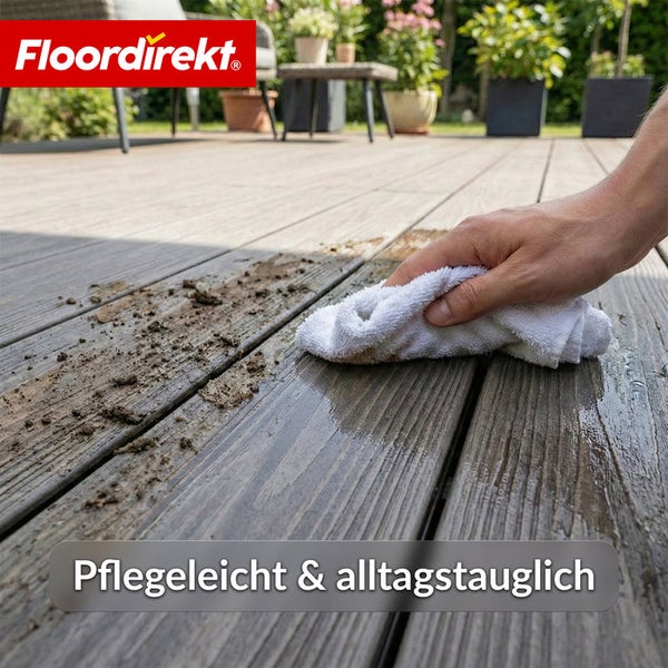 Reinigung von Terrassendielen mit einem Tuch und Floor direkt Logo.