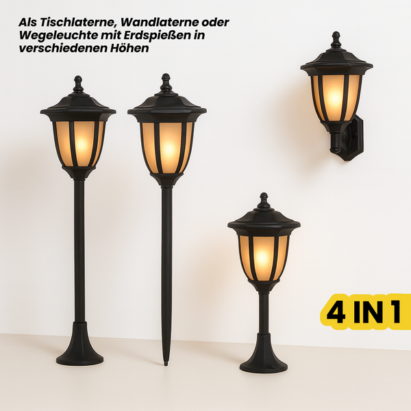 Verschiedene Gartenleuchten als Tischlaterne, Wegeleuchte mit Erdspieß oder Wandlaterne