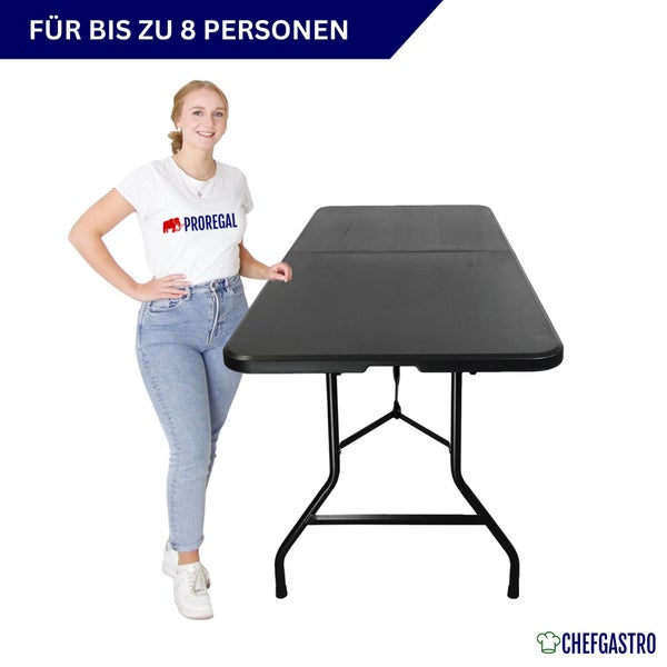 Schwarzer Klapptisch 180 mal 75 Zentimeter, Ansicht von oben und unten mit Klappmechanismus, ChefGastro Logo.