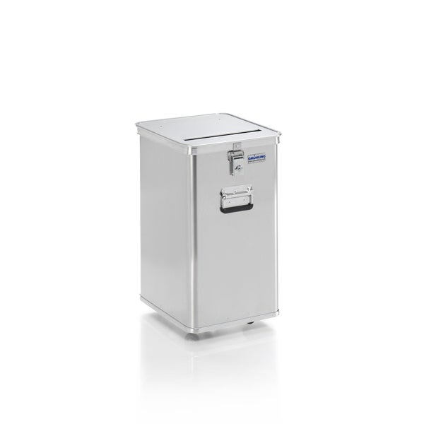 Spendenbox aus Aluminium mit Rollen und abschließbarem Schloss