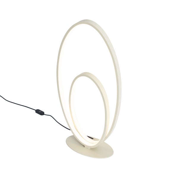 Weiße LED-Tischleuchte mit zwei ovalen Lichtringen, ovalem Standfuß und schwarzem Kabel mit Schalter.