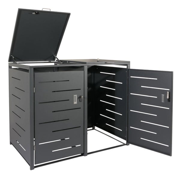 Zweifach-Mülltonnenbox aus Metall in Anthrazit mit Klappdeckeln, Fronttüren und Belüftungsschlitzen.