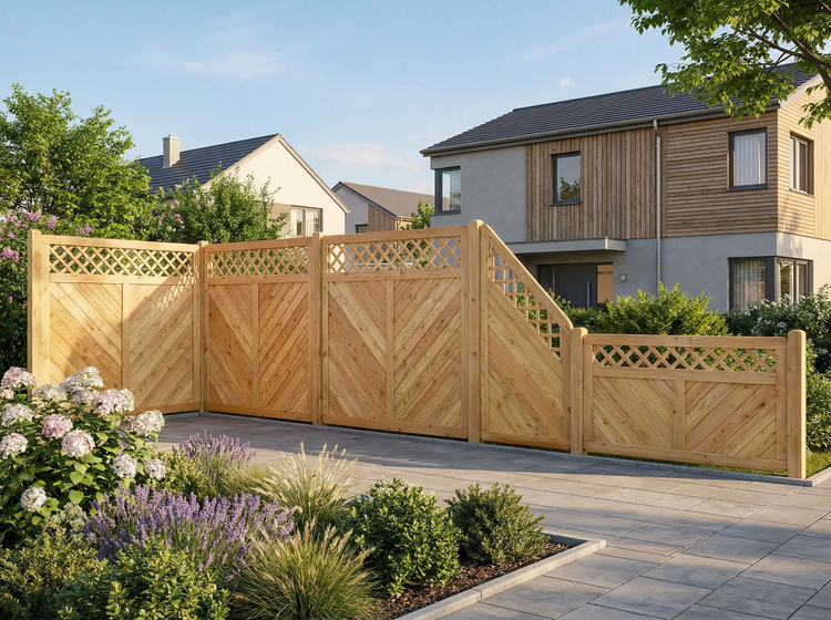 Holzzaun mit Rautenmuster und diagonalen Brettern vor Wohnhäusern und Bepflanzung