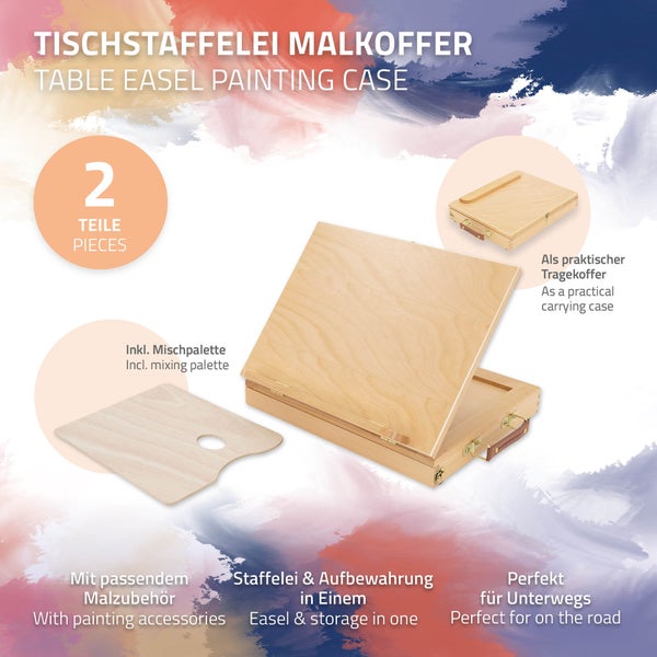 ECD Germany Tischstaffelei aus Holz mit Schublade und Palette, Holzstaffelei klein mit Aufbewahrungsfach, Sitzstaffelei tragbar & verstellbar, Kofferstaffelei zum Malen & Zeichnen, Malkoffer Malkasten
