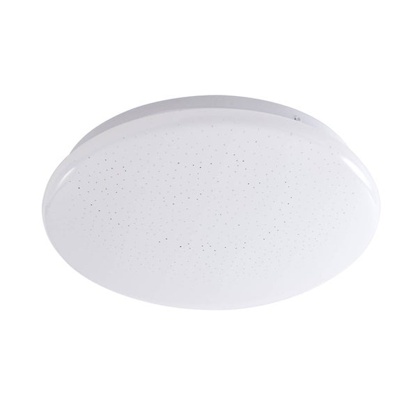 Runde LED-Deckenleuchte mit Sternenhimmel-Effekt und weißem Kunststoffschirm.