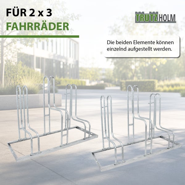 Zwei verzinkte Trutzholm Fahrradständer für jeweils drei Fahrräder, einzeln aufstellbar