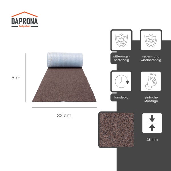 Daprona Logo. Dachprodukt: Anschlussband 5 Meter mal 32 Zentimeter, Dicke 2,8 Millimeter. Witterungsbeständig, langlebig und montagefreundlich.