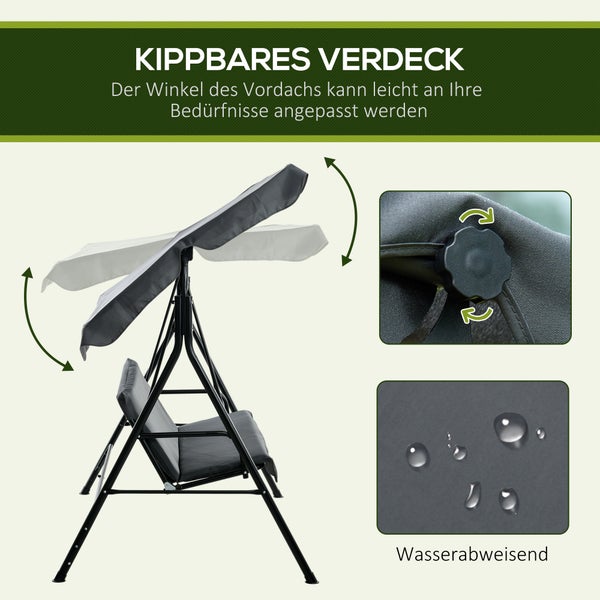 Outsunny Hollywoodschaukel mit Sitzpolster, 3-Sitzer Gartenschaukel mit verstellbarem Sonnendach, Schaukelbank belast bis 240 kg, für Garten, Terrasse, 172 x 110 x 153 cm, Grau
