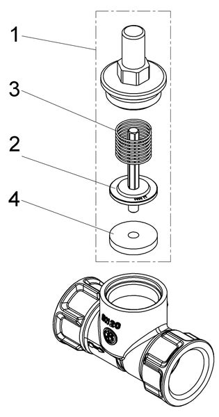 Explosionszeichnung eines Ventils mit nummerierten Einzelteilen wie Feder, Spindel und Dichtungen für eine Armatur der Nennweite 20.