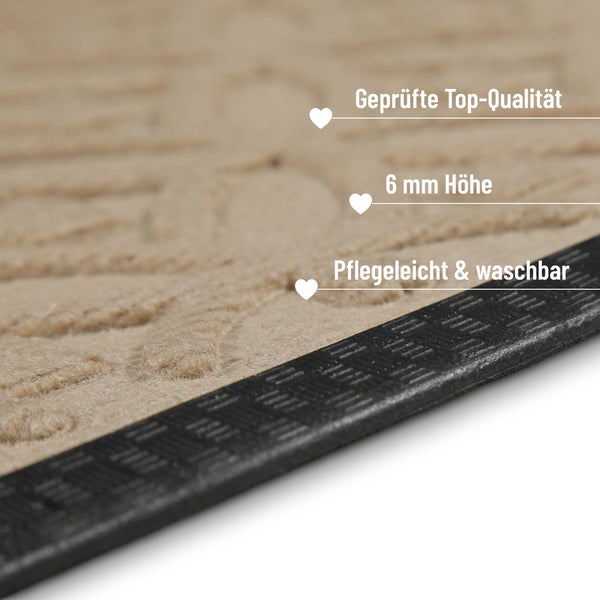 Nahaufnahme einer Fußmatte mit Hinweisen zu geprüfter Qualität, 6 Millimeter Höhe sowie pflegeleichten und waschbaren Eigenschaften.