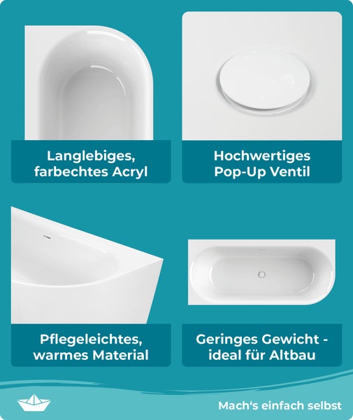 Calmwaters Vorwand-Badewanne 160x75 cm Komplettset Seamless Comfort, fugenloses Design vormontiert mit Schürze & Ablaufgarnitur, rechte Ausführung, Made in EU, Acryl, 02SL6223