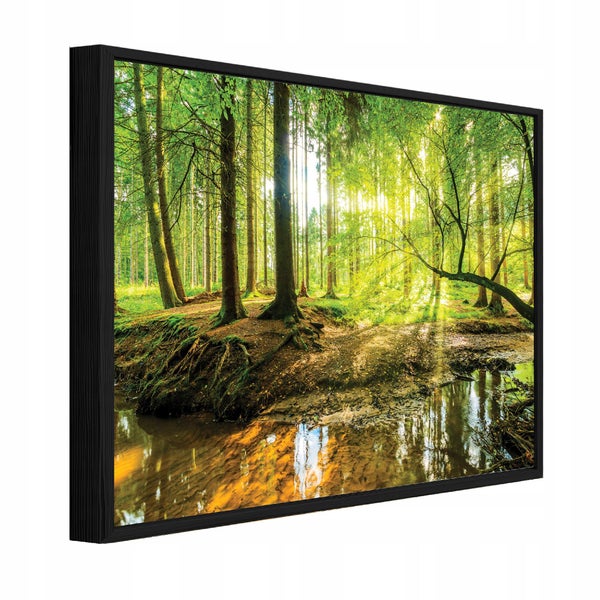 Wandbild mit Waldmotiv und Bachlauf in einem schwarzen Rahmen