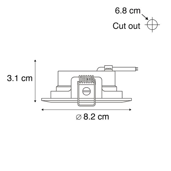 Technische Zeichnung eines Einbaustrahlers mit Maßen: Durchmesser 8,2 Zentimeter, Höhe 3,1 Zentimeter und Lochausschnitt 6,8 Zentimeter.