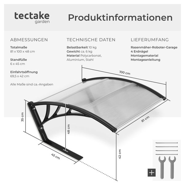 Produktinformationen zur Tectake Rasenmäher Roboter Garage mit Abmessungen, technischen Daten und Lieferumfang